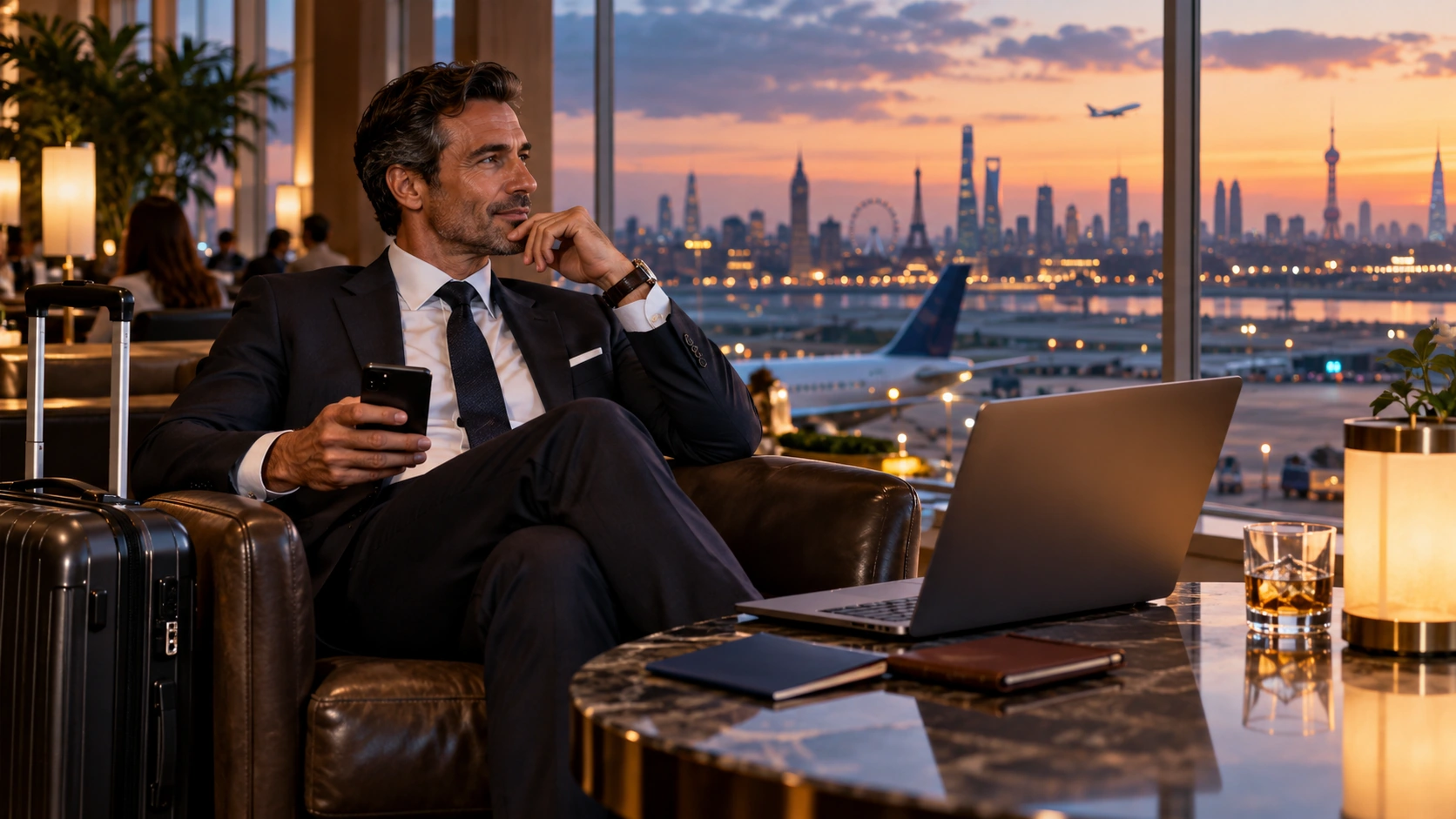 Business traveler reviewing his schedule in an airport lounge